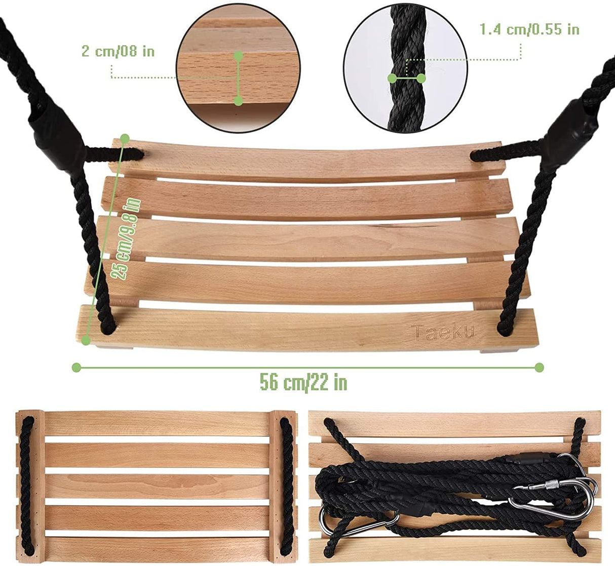 Taeku Adult Tree Swing, Hanging Beech Wood Swings with Adjustable Rope Garden Chair Seat Swing for Indoor Outdoor (22''x10'') Taeku