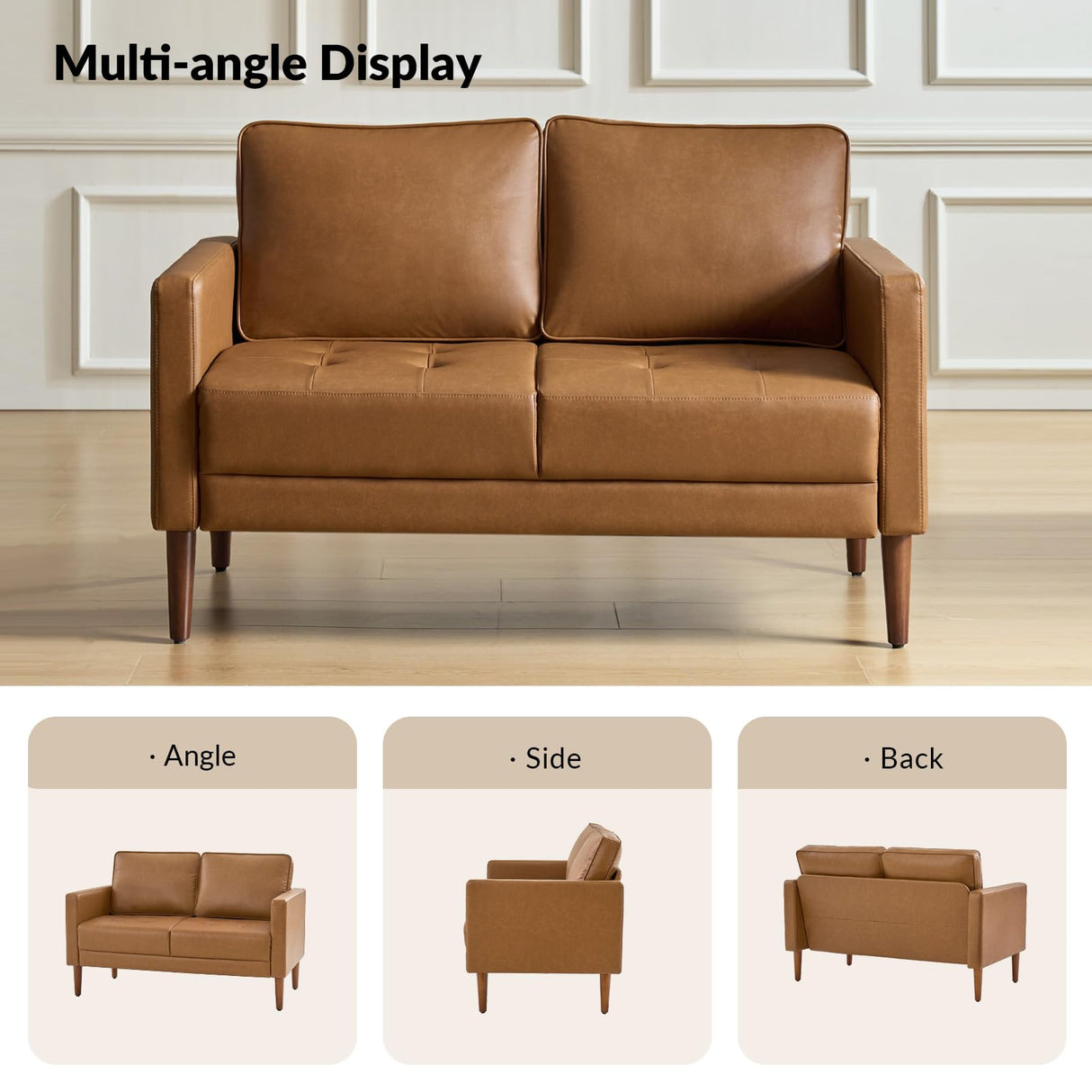 HULALA HOME Mid-Century Modern Faux Leather Loveseat Sofa with Movable Backrest Cushions, Button-Tufted 2-Seater Sofa with Wooden Legs, Small Love Seat Accent Couch for Living Bedroom, Camel HULALA HOME
