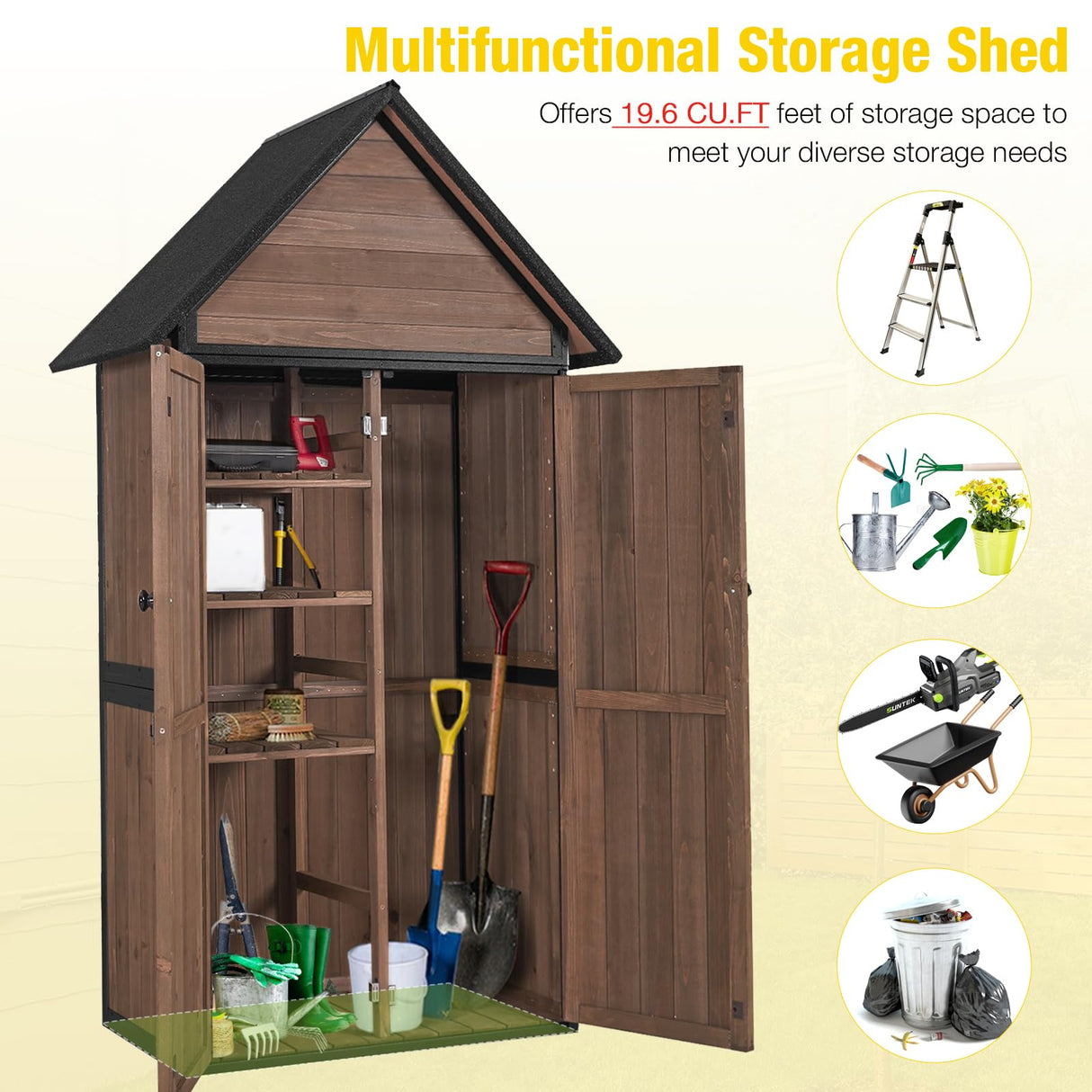 Outdoor Storage Shed,Vertical Wooden Tool Shed with Waterproof Roof,Adjustable 3 Tiers Shelves,Storage Tool Cabinet Box with Metal Frame Sloped Roof for Backyard Garden Patio Lawn (Dark Brown) Aivituvin