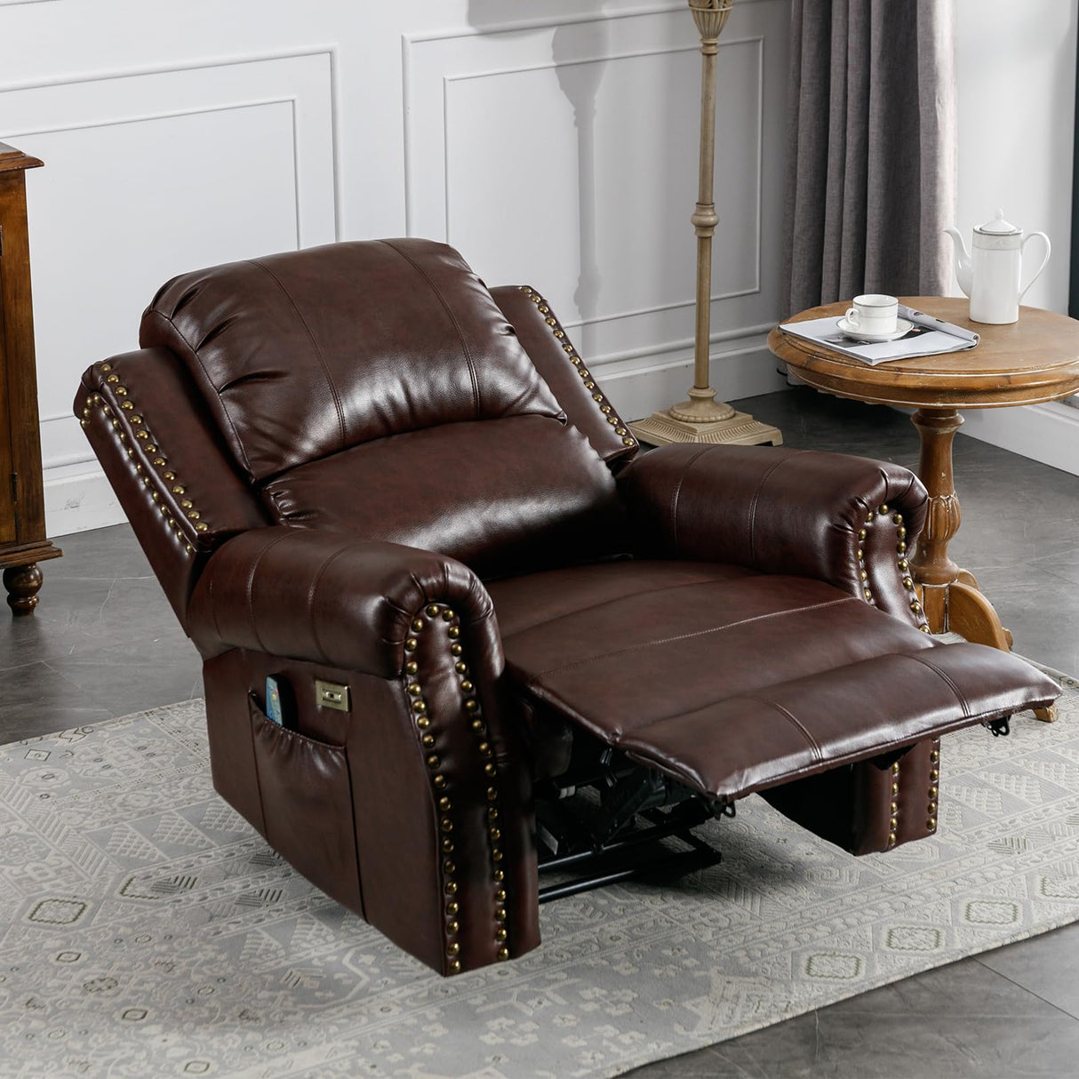 HAOMARKETS Classic Power Recliner Chair with Massage and Heat, Breathable Faux Leather Electric Recliner with USB Port, Overstuffed Reclining Sofa with Rivets for Living Room HAOMARKETS