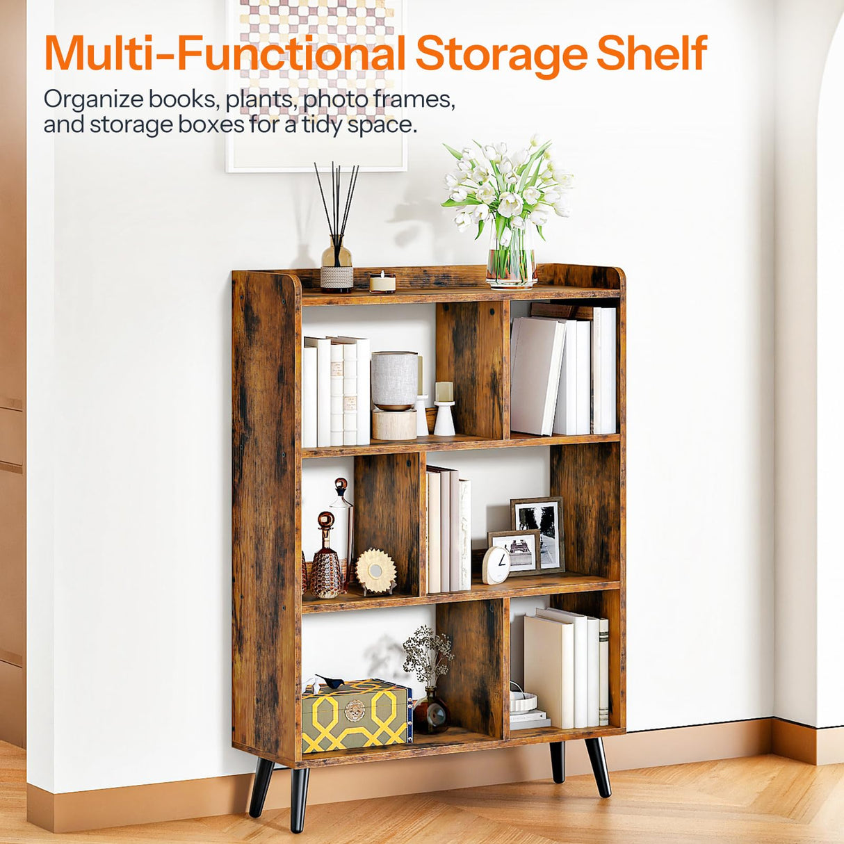 HOOBRO 6 Cube Bookshelf, 4 Tier Bookcase with Legs, Mid-Century Modern Bookshelves, Large Open Storage Shelf, Wooden Book Case for Living Room, Bedroom, Office, Kitchen, Rustic Brown FG116SJ01 HOOBRO