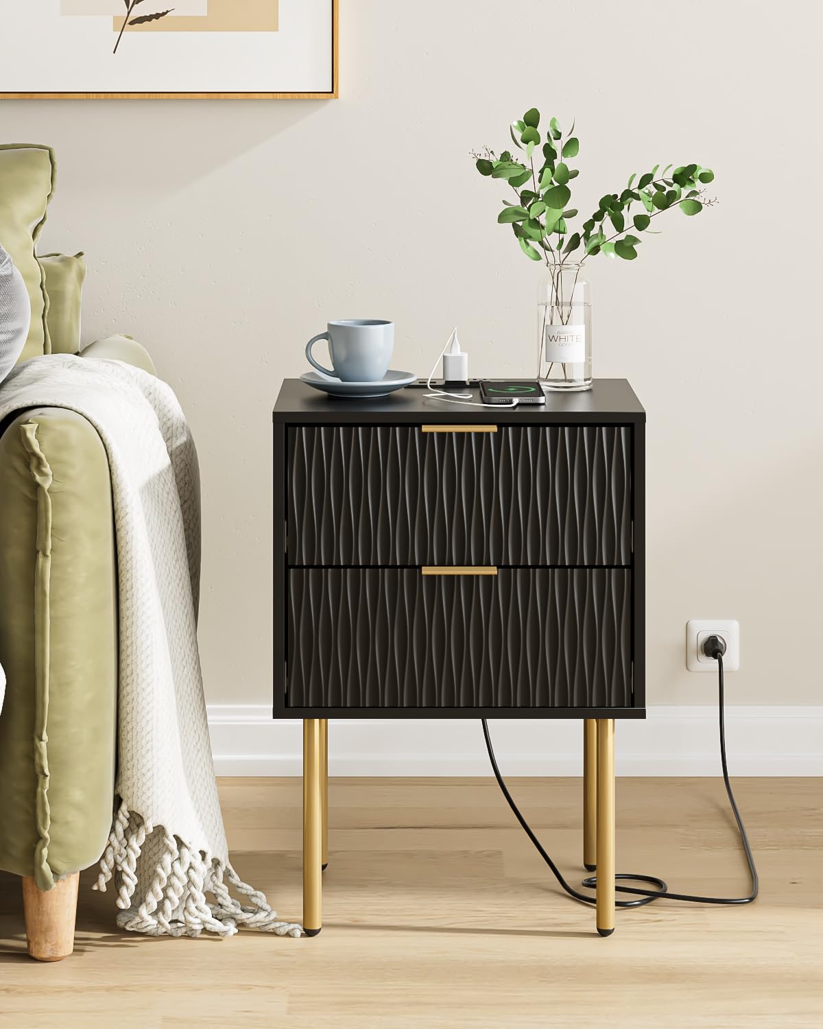 Aienvey Night Stand Charging Station, Modern Bedside Table with Storage 2 Drawer and Open Wood Shelf, Night Stand, End Table for Bedroom, Living Room, Black Aienvey