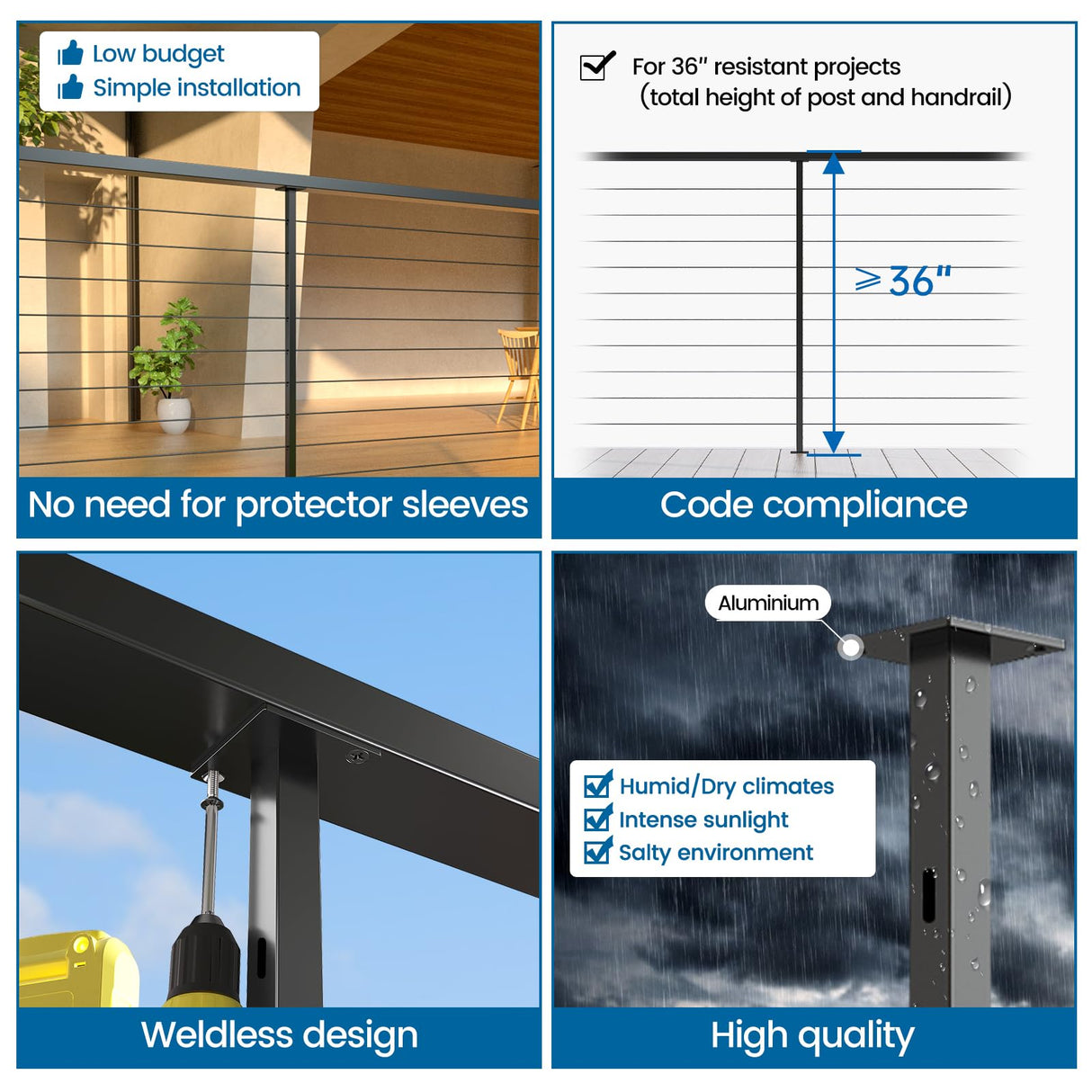 Muzata 2Pack Black Aluminum Intermediate Cable Railing Post Level drilled 36" x3/4" Surface Mount Cable Railing System Kit Square Stabilizer Post with Flat Bracket Indoor Outdoor Seaside PD72 BHAS Muzata