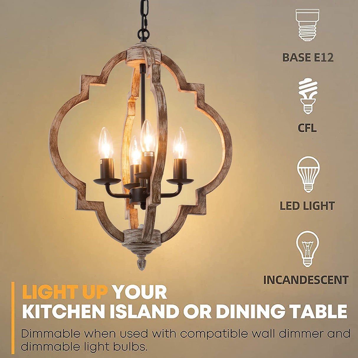 16.14" 4-Light Farmhouse Wood Chandelier, Rustic Orb Pendant Lighting Fixture with Adjustable Chain, Vintage Ceiling Hanging Lights for Foyer Entryway Dining Room Kitchen Island, Handmade Oak Finish Neechicx