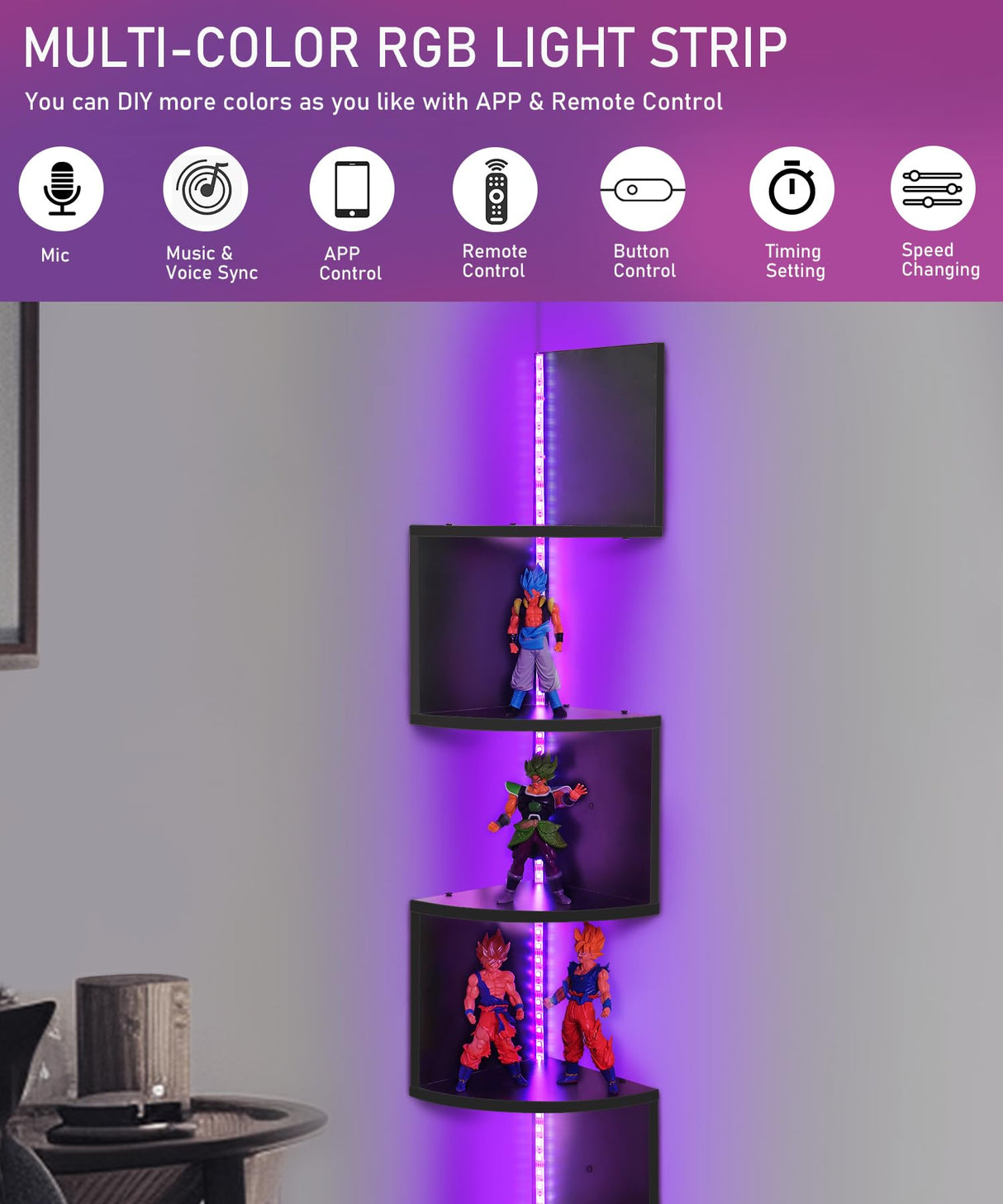 Outink 5 Tiers Corner Shelf with RGB LED Lights, 49.2" Wall Mount Floating Corner Display Shelf for Living Room Bedroom Home Office Decor, APP & Remote Control (Black) Outink