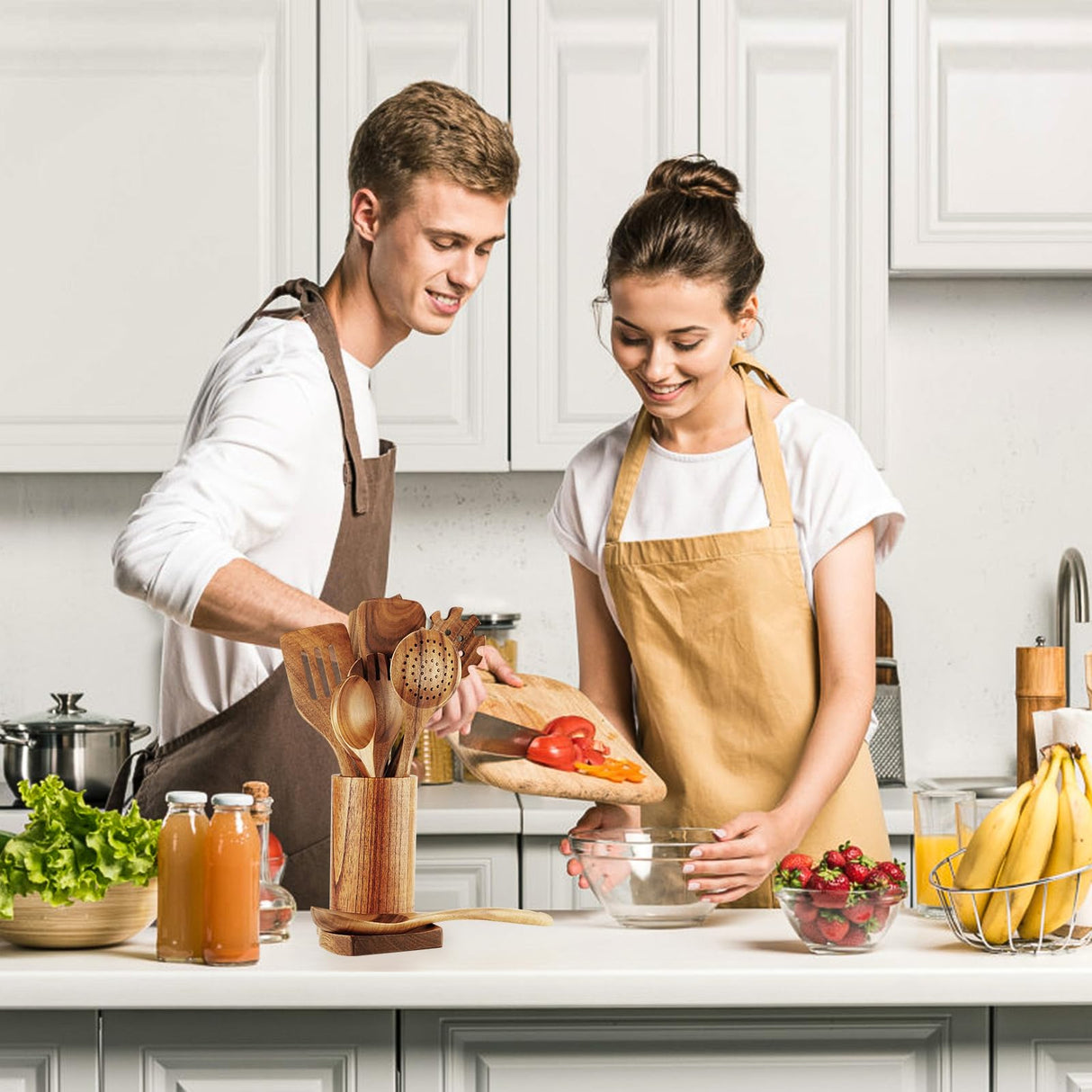 FJNATINH Wooden Spoons for Cooking, 10 Pcs Teak Wooden Cooking Utensil Set with Holder, Wooden Kitchen Utensils Set for Nonstick Pans & Cookware FJNATINH