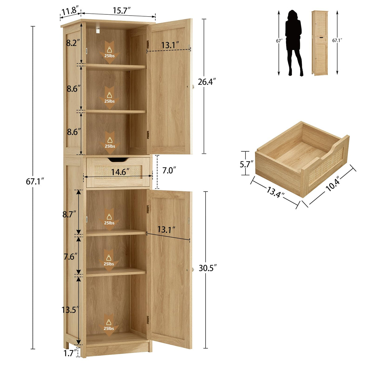 Iwell Tall Bathroom Cabinet with Doors, Rattan Storage Cabinet with Adjustable Shelves, Freestanding Narrow Linen Cabinet for Living Room, Entryway, Kitchen, Home Office, Natural Iwell