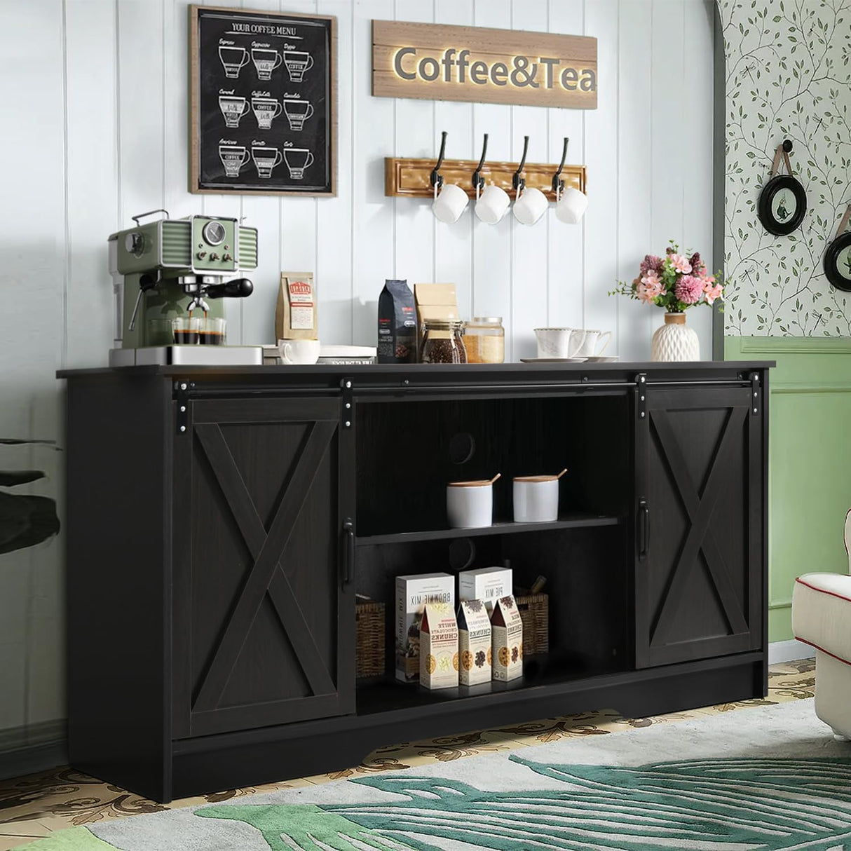 4 EVER WINNER Coffee Bar Cabinet with Sliding Barn Doors, 59" Sideboard Buffet Cabinet with Storage, Farmhouse Buffet Cabinet Serving Table Cupboard for Dining Room, Espresso 4 EVER WINNER