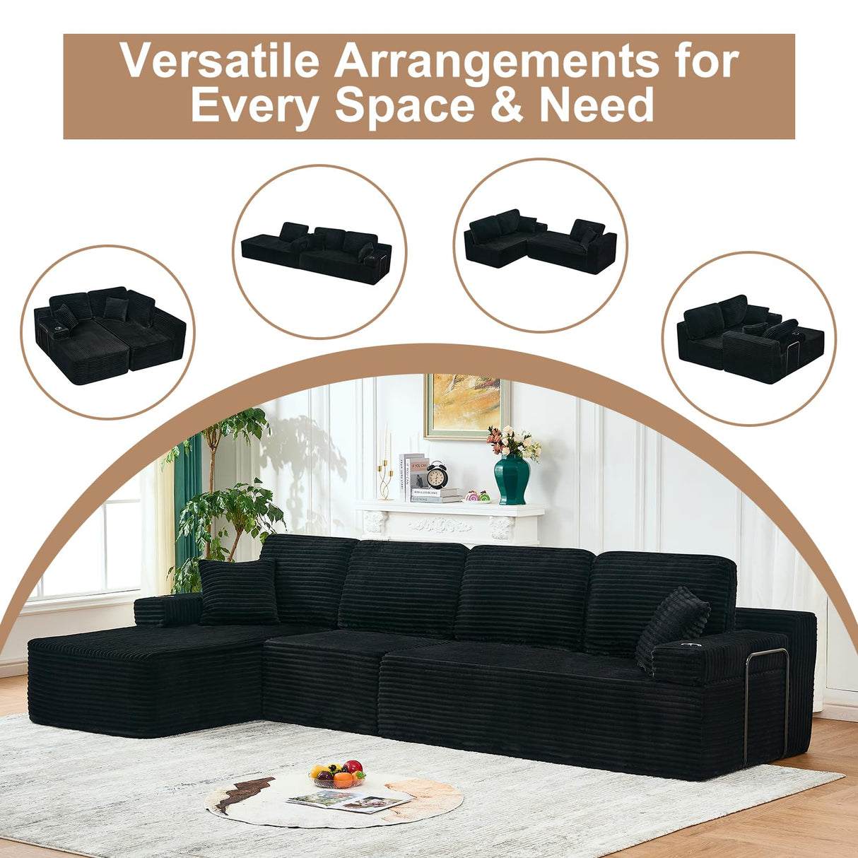 133" Cloud Sectional Couch with L-Shape Chaise,Modern Minimalist Upholstered Couches with Deep Seat,Corduroy Boneless Couches for Living Room Bedroom,No Assembly Required (Black,Left Facing Chaise) soothroom