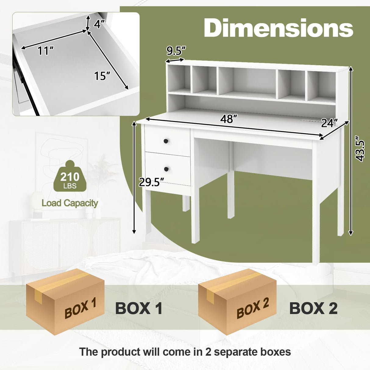 Giantex White Desk with Drawers & Hutch, Home Office Desk with Charging Station, 5 Storage Cubbies, Makeup Vanity Table, Modern Study Writing Desk, PC Laptop Desks, Computer Workstation for Bedroom Giantex