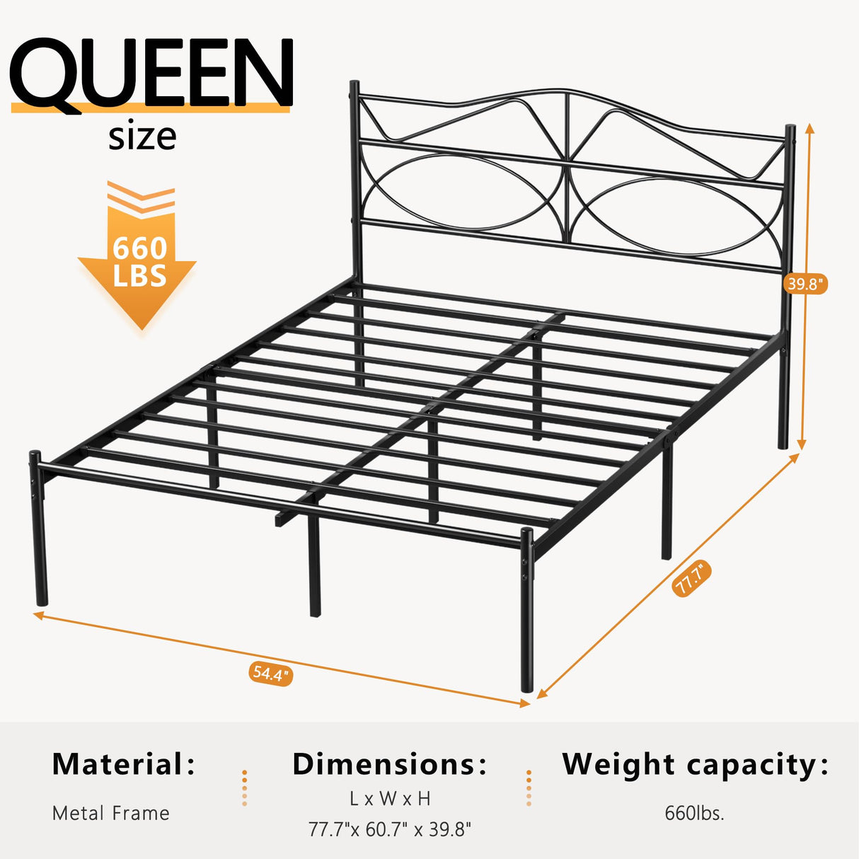 VECELO Queen Size Bed Frame, Metal Bed Platform with Headboard, Sturdy Steel Slats Support, No Box Spring Needed/Noise-Free,Easy Assembly, Black VECELO