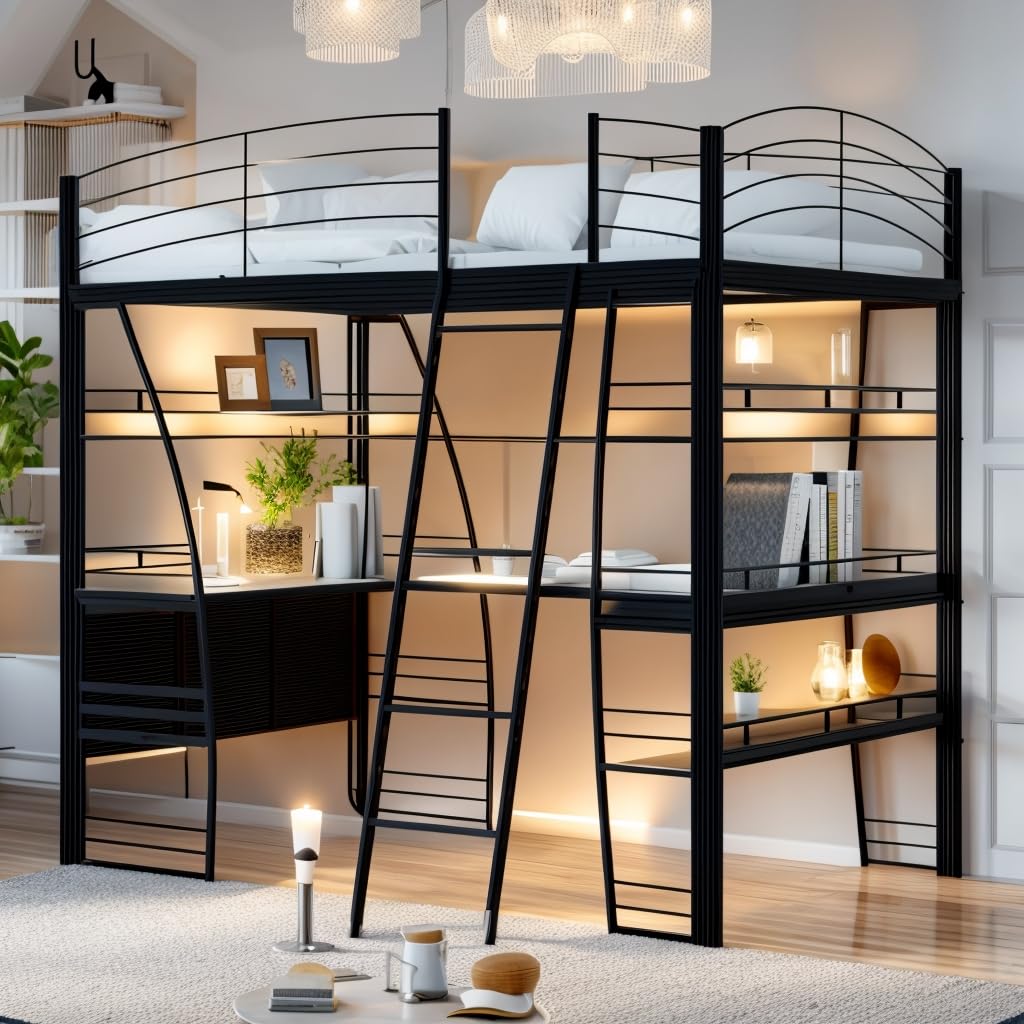 DNYN Full Size Loft Bed with Desk & Shelves & Sockets & USB Ports & Wireless Charging Design,Sturdy Metal Bedframe w/Ladder & Safety Guardrails,Perfect for Dorm,Bedroom,Guest Room, Black DNYN