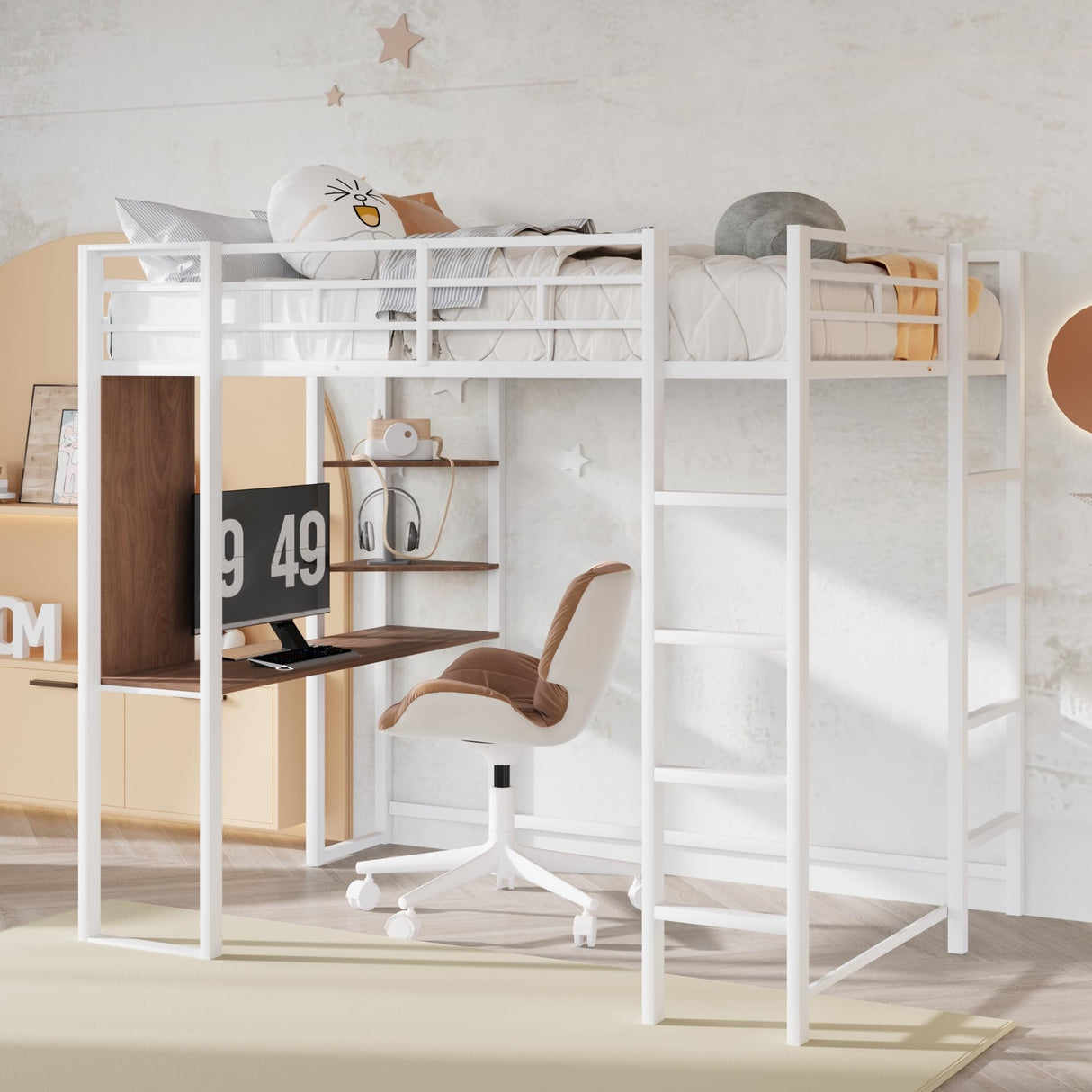 Merax Full Size Metal Loft Bed with 2 Shelves and one Desk,Full Loft Bed,Easy Assembly, No Box Spring Needed, White Merax