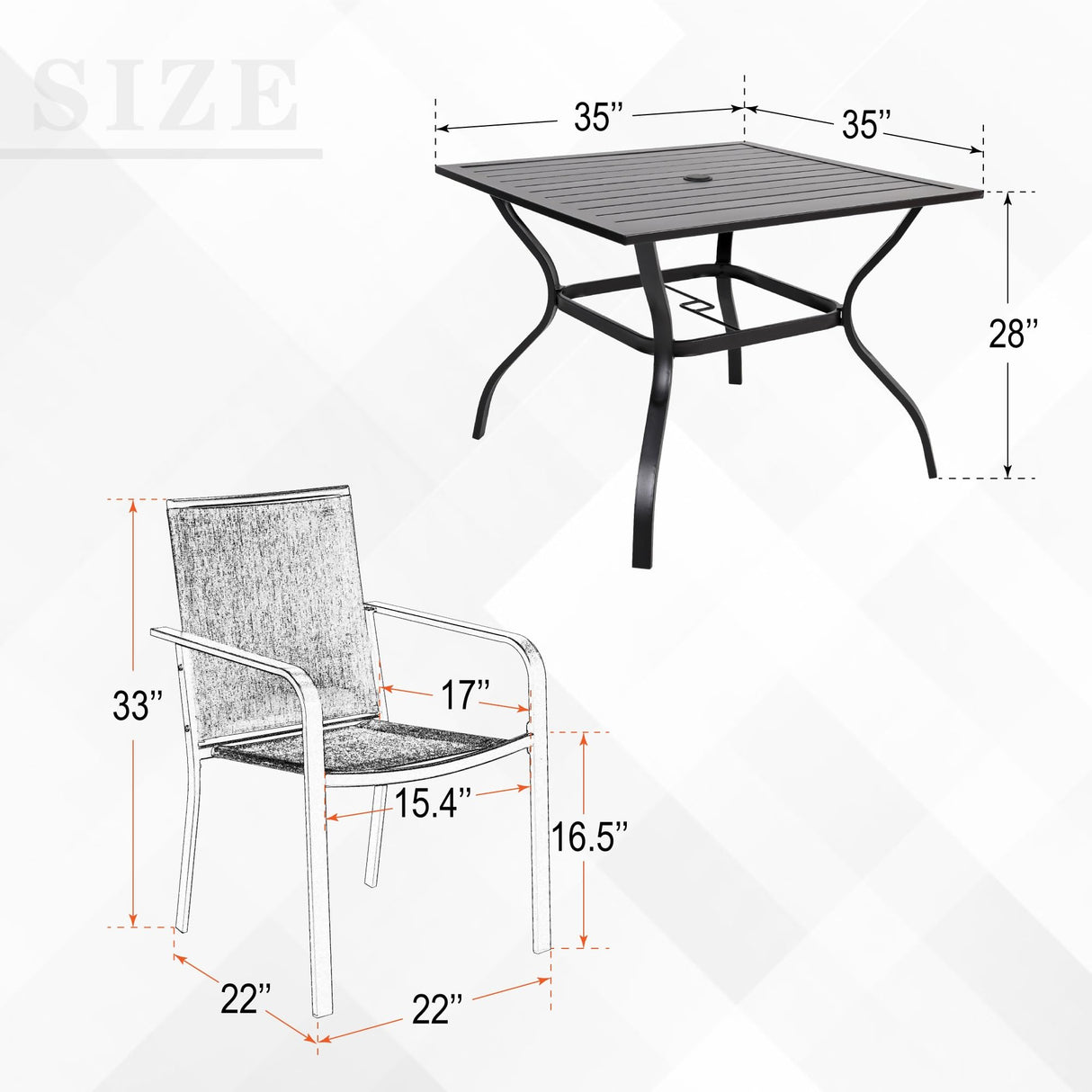 Anmutig 5 Piece Patio Dining Set, 4 PCS Outdoor Black Sling Stackable Chairs and 35" Square Metal Patio Table with Umbrella Hole for Garden Backyard Deck Anmutig