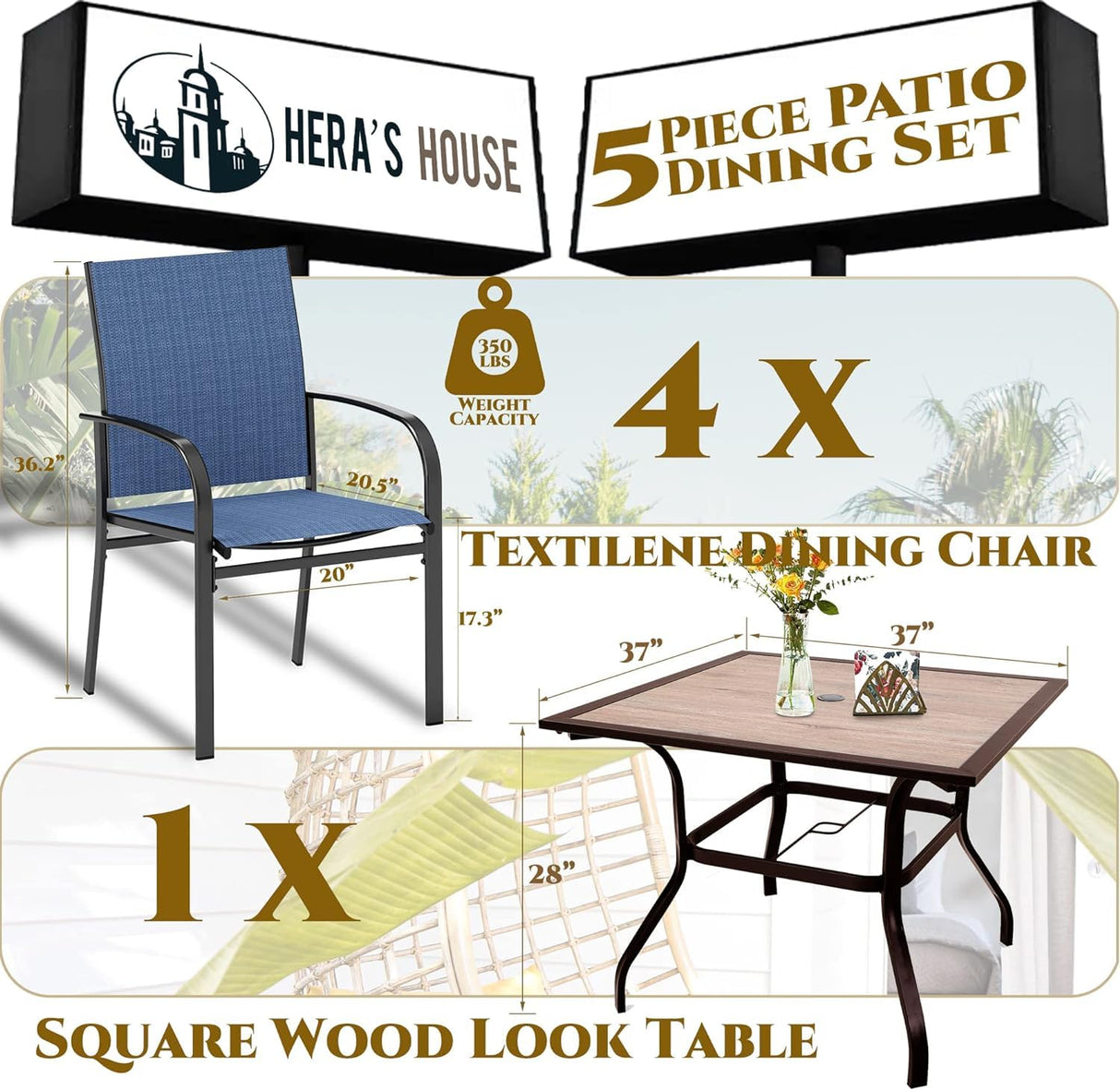 HERA'S HOUSE Outdoor Dining Set 5 Piece Patio Table and Chairs Set, 4 x Textilene Dining Chair, 37" Square Wood Look Dining Table, for Lawn Garden Backyard Deck (Blue Chair x 4, 37" Square Table) HERA'S HOUSE