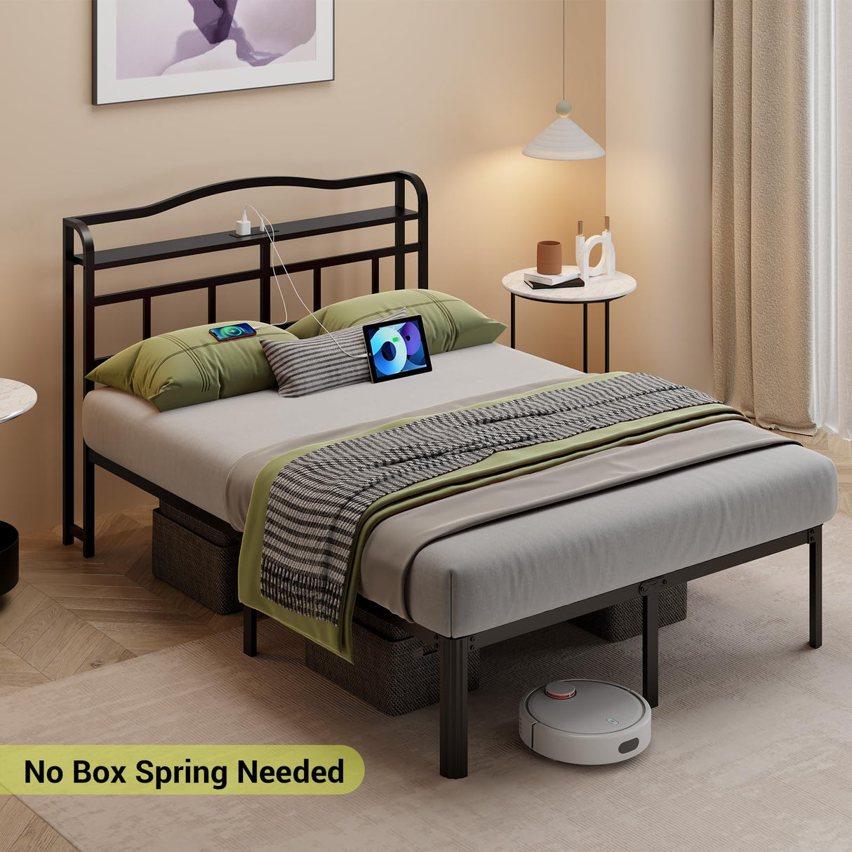 UOMEUR Metal Bed Frame with Headboard and USB & Type C Charging Station, Heavy Duty Metal Bed Frame No Box Spring Needed with Ample Storage Space - Easy Assembly and Noise Free (Black, Queen) UOMEUR