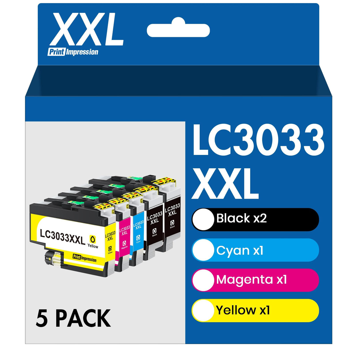 LC3033XXL Ink Cartridges 5-Pack Replacement for Brother LC3033 BK/C/M/Y Ink Cartridges LC3035 LC3033XXL High Yield for MFC-J995DW MFC-J805DW MFC-J815DW Printer (2 Black, 1 Cyan, 1 Magenta, 1 Yellow) PrintImpression