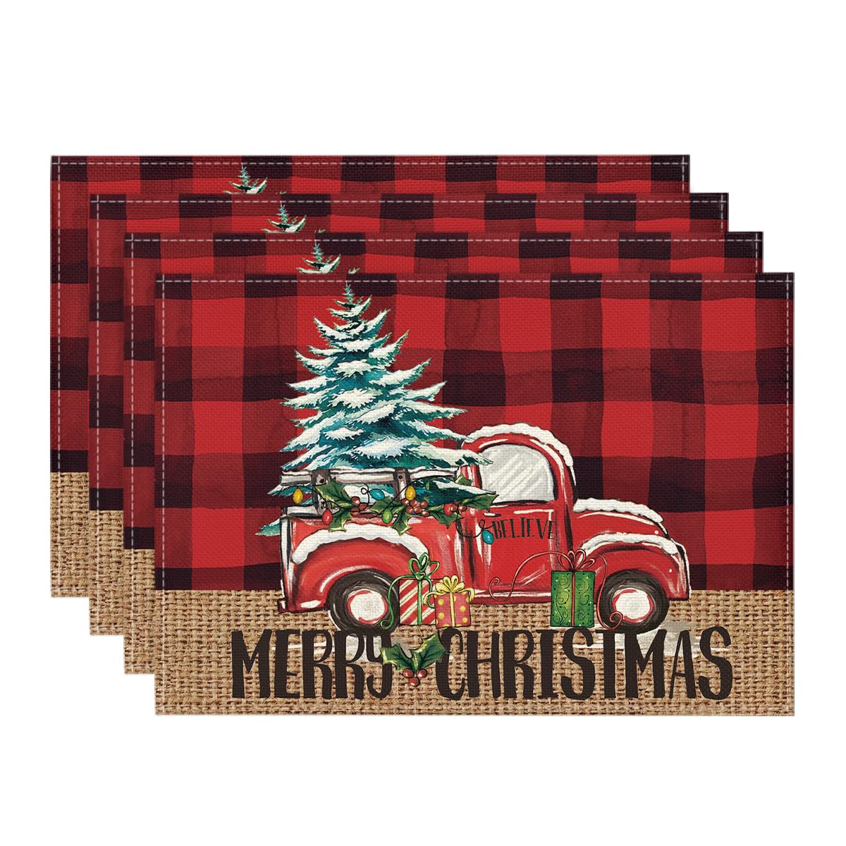 Artoid Mode Red and Black Buffalo Plaid Truck Merry Christmas Placemats Set of 4, 12x18 Inch Xmas Tree Winter Table Mats for Party Kitchen Dining Decoration Artoid Mode
