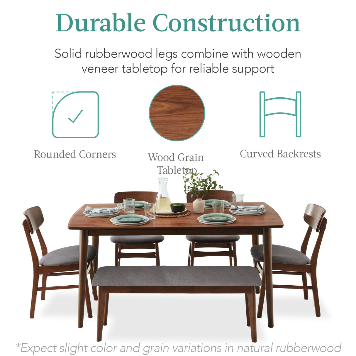 Best Choice Products 6-Piece Wooden Dining Set, Mid-Century Modern Table & Upholstered Chair Set w/Bench Seat, Rubberwood Legs - Walnut/Gray Best Choice Products
