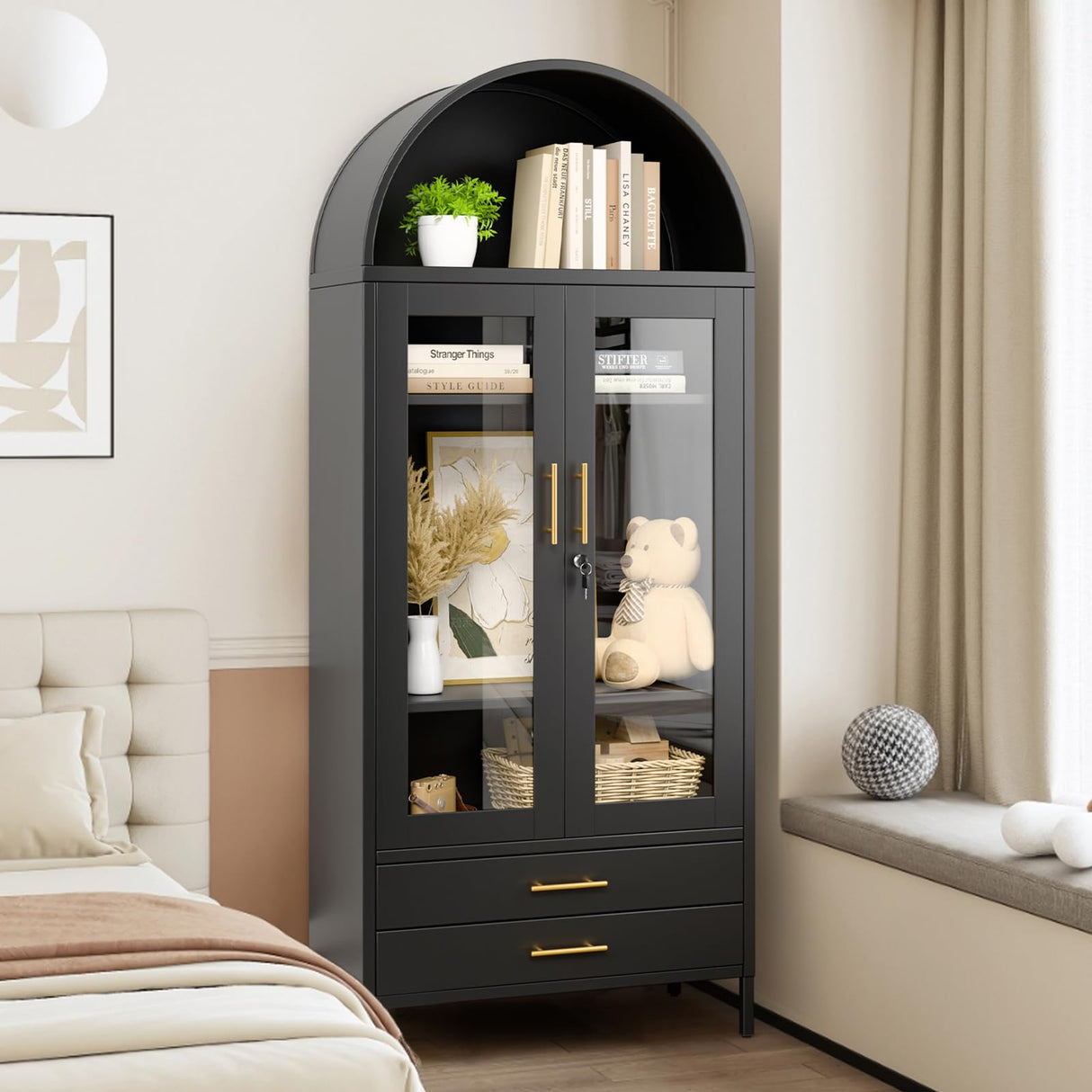 Holiwei Metal Storage Cabinet, 73" Arched Kitchen Pantry Organizer with 2 Drawers & 2 Adjustable Shelves, Freestanding Display Cabinet for Living Room Holiwei