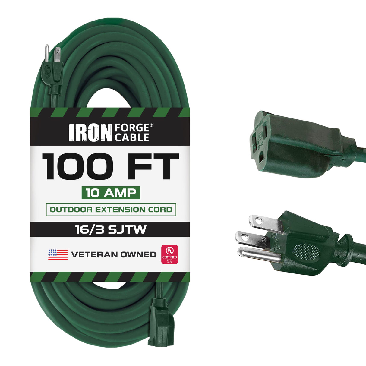 Iron Forge Cable Weatherproof Outdoor Extension Cord 100 ft, 16/3 SJTW Heavy Duty Green Extension Cord 3 Prong, Power Cable Great for Outside, Outdoor Lights, Lawn & Landscaping - US Veteran Owned IRON FORGE CABLE