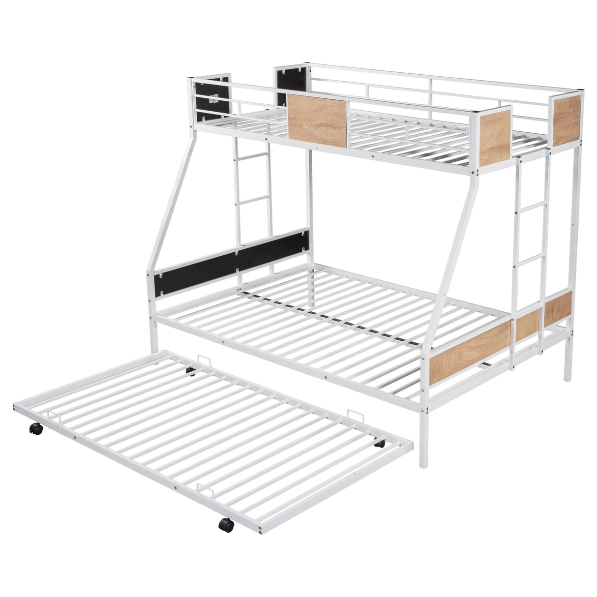 Olela Twin Over Full Metal Bunk Beds with Trundle Bed,Heavy Duty Metal Bed Frame with Safety Rail 2 Side Ladders for Boys Girls Adults,No Box Spring Needed (White Frame) Olela