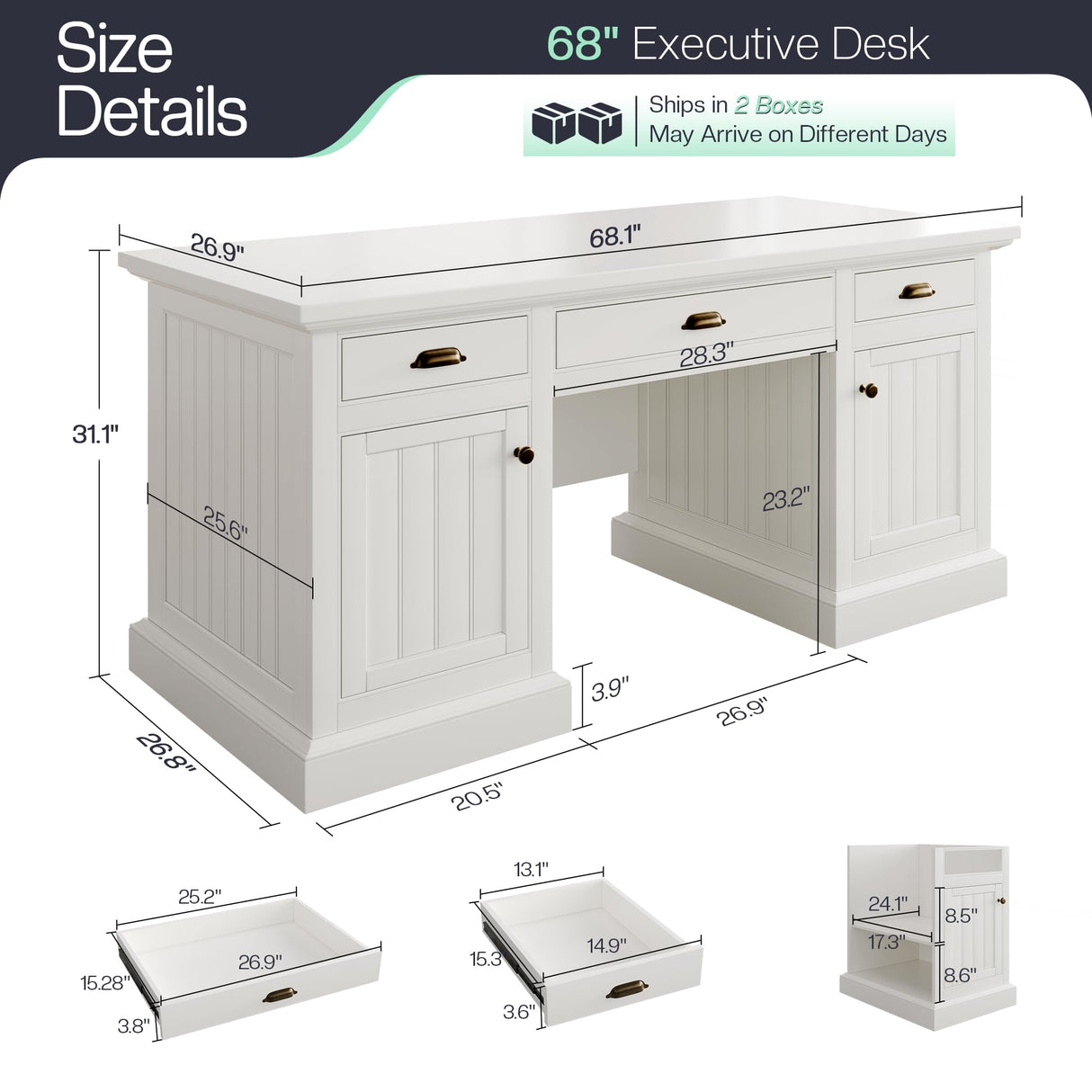 Jocisland 68" Executive Desk for Home Office & Study, Fluted Panel Computer Table with 3 Drawers and 2 Cabinets, Farmhouse Writing Desk – Pure White Jocisland