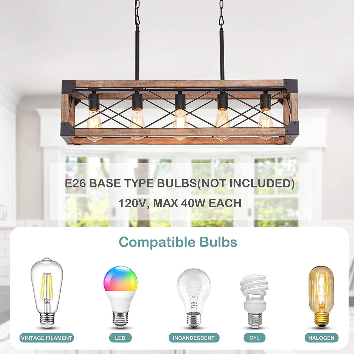 Airposta Kitchen Island Lighting, 33.5-Inch 5 Lights Farmhouse Linear Chandelier for Dining Room Pool Table Pendant Light Fixture, Rustic Wood Grain Finish, Industrial Pendant Light Airposta