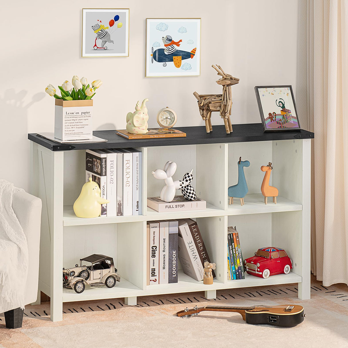 Joaxswe Rustic Farmhouse 6-Cube Bookcase in Antique White & Black for Elegant Storage Solutions Joaxswe