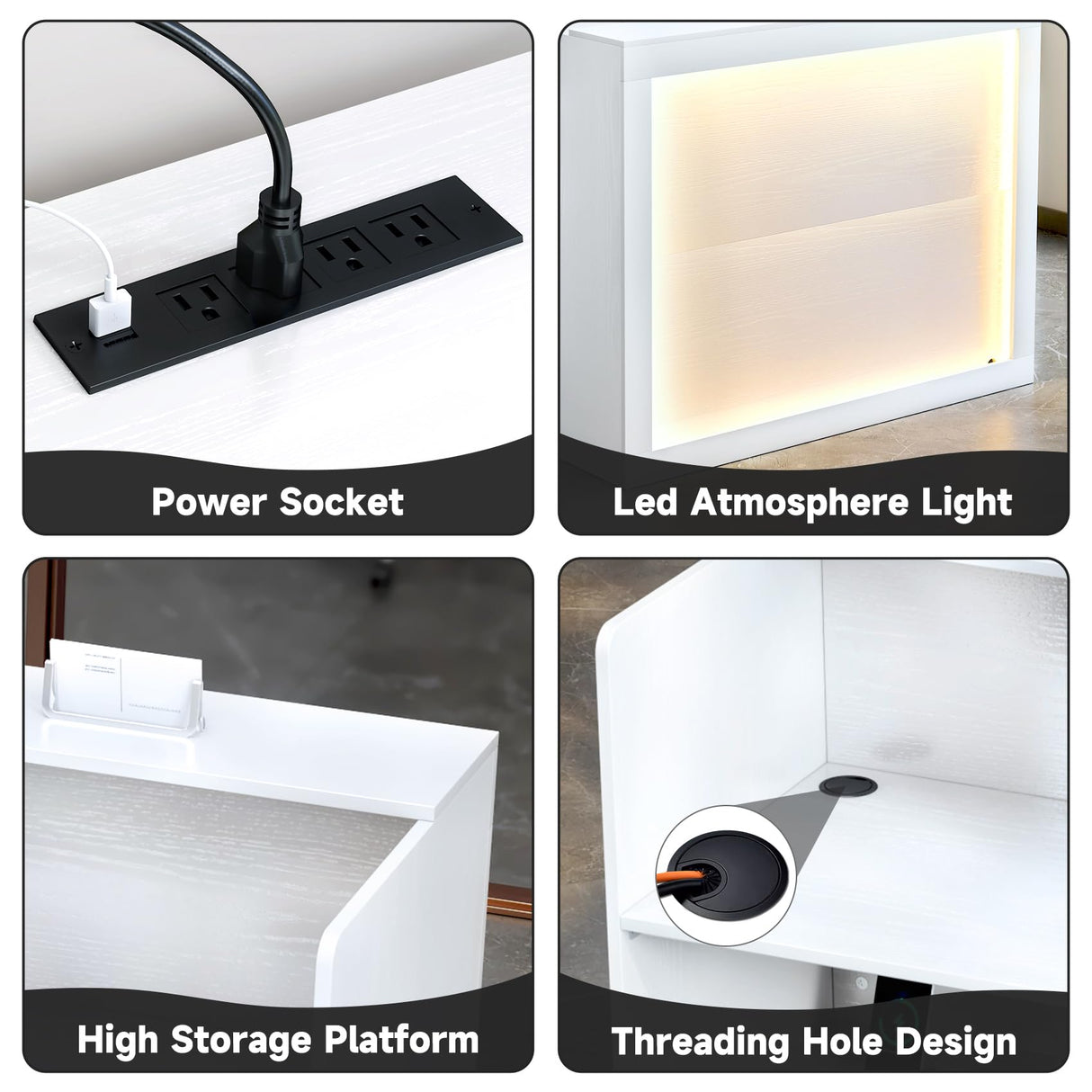 TC-HOMENY Reception Desk with LED Lights, 55'' Retail Counter Modern with Storage Shelves and Cable Grommet, Front Table, Salon Desk, Office Table,White TC-HOMENY