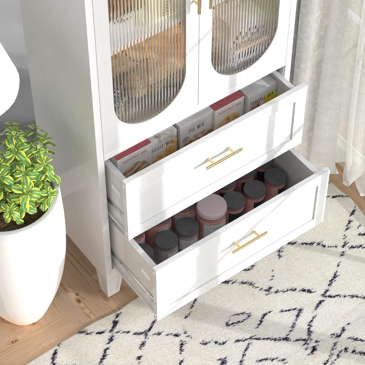 Nobilsteel 71”Storage Cabinet, Metal Accent Pantry Cabinet, Food Pantries Cabinets with Fluted Glass Doors, Storage Cupboard Kitchen, Dining Room, Nobilsteel