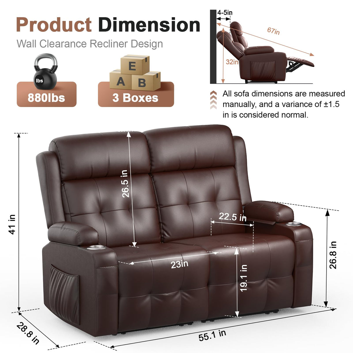 VAFEAFO Loveseat Recliner, Oversized Massage Reclining Sofa Heavy Weight Capacity, RV Love Seat Chair Clearance with Storage, Cup Holders, Wall Hugger Couches for Living Room VAFEAFO