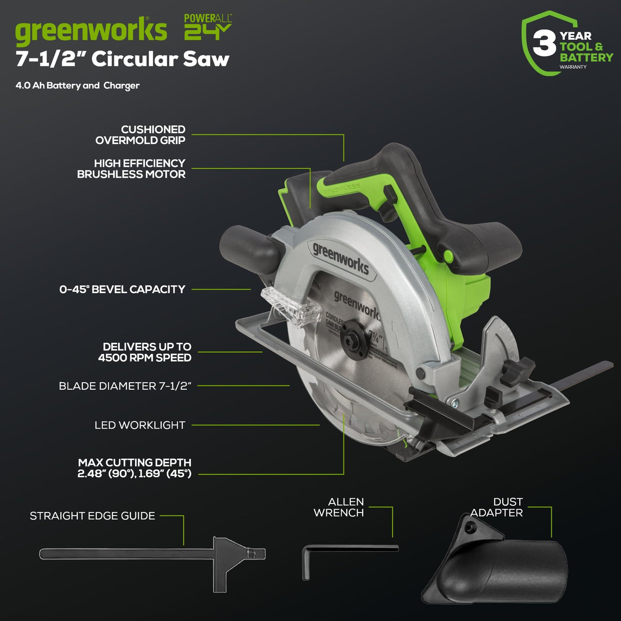 Greenworks 24V 7-1/4'' Circular Saw Brushless Cordless, with 4Ah Battery and 2A Charger Greenworks