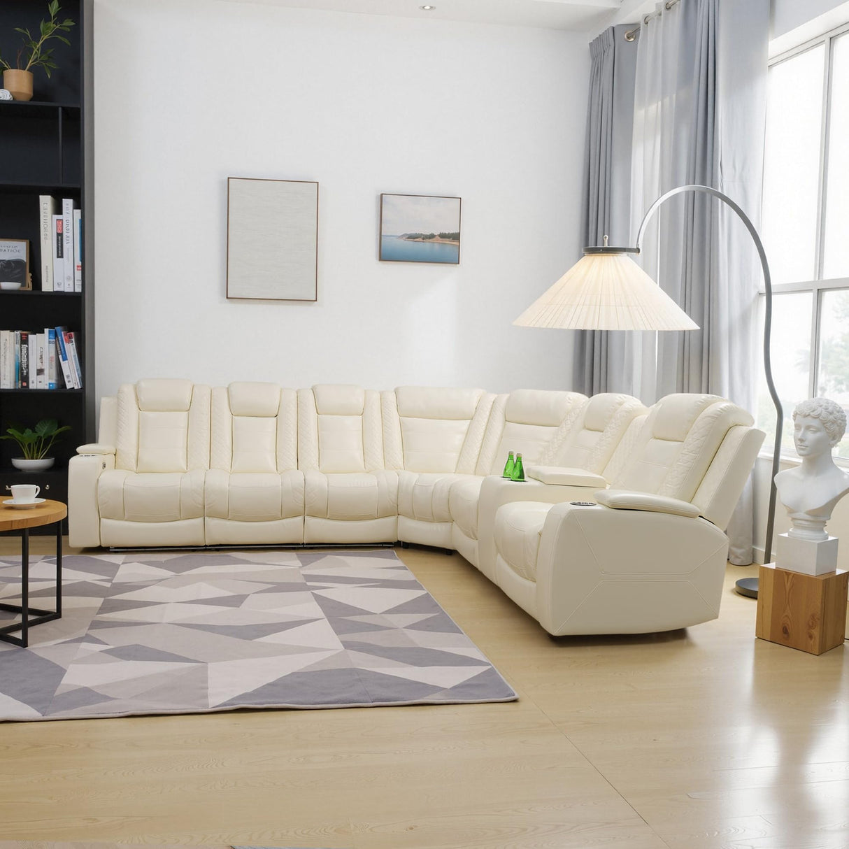 Leather Reclining Sofa with LED,Power Recliner Sectional Couch for Living Room,Reclining Couches with Read Light/Charging/Hide-Away Storage (Cream-White, Sectional) Pon Living Furniture Inc