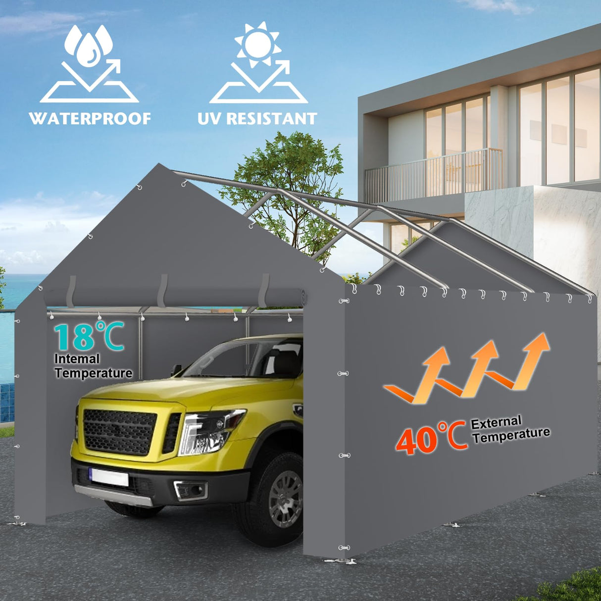 Carport Replacement Canopy Cover Sidewalls for 10x20x9.35FT Frame, Heavy Duty Garage Car Tent Shelter Tarp with Ball Bungees, Waterproof & UV Protected (Frame is not Included) (Grey) Yustuf