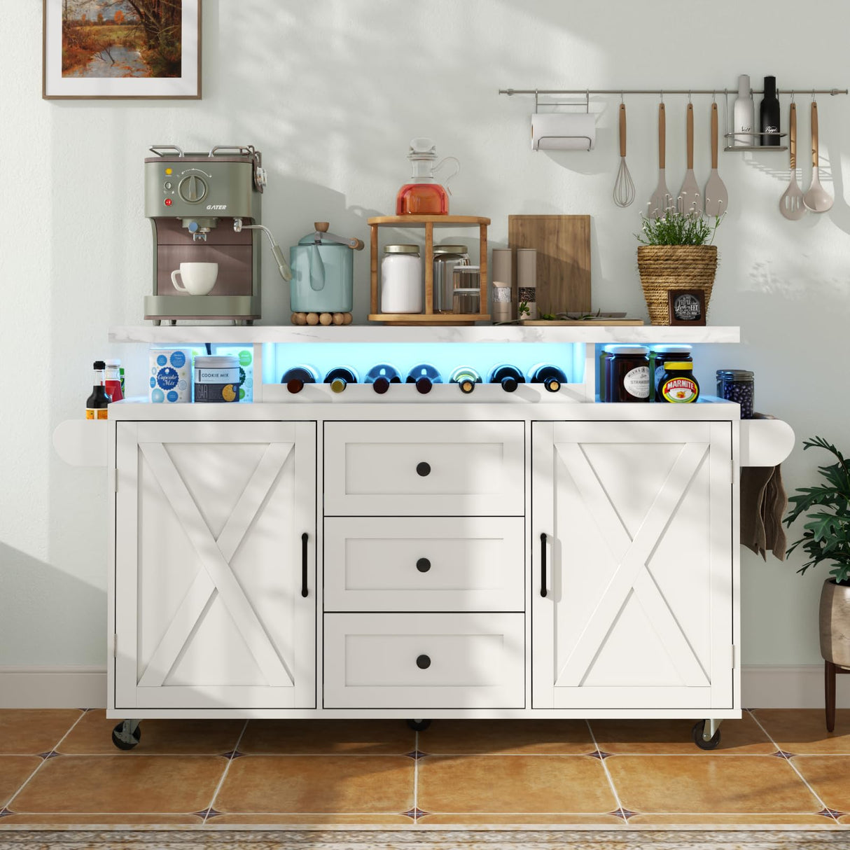 Kitchen Island with Storage, 55" Kitchen Island on Wheels with LED Lights & 3 Drawers,Rolling Kitchen Cart with Spice Rack & Towel Rack, Large Mobile Islands Table for Kitchen, White Gyfimoie