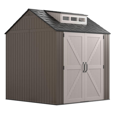 Rubbermaid Large Resin Outdoor Storage Shed With Floor (7 x 7 Ft.), Weather Resistant, Brown, Organization for Home/Lawn Mower/Backyard Equipment/Bike Storage/Pool Supplies
