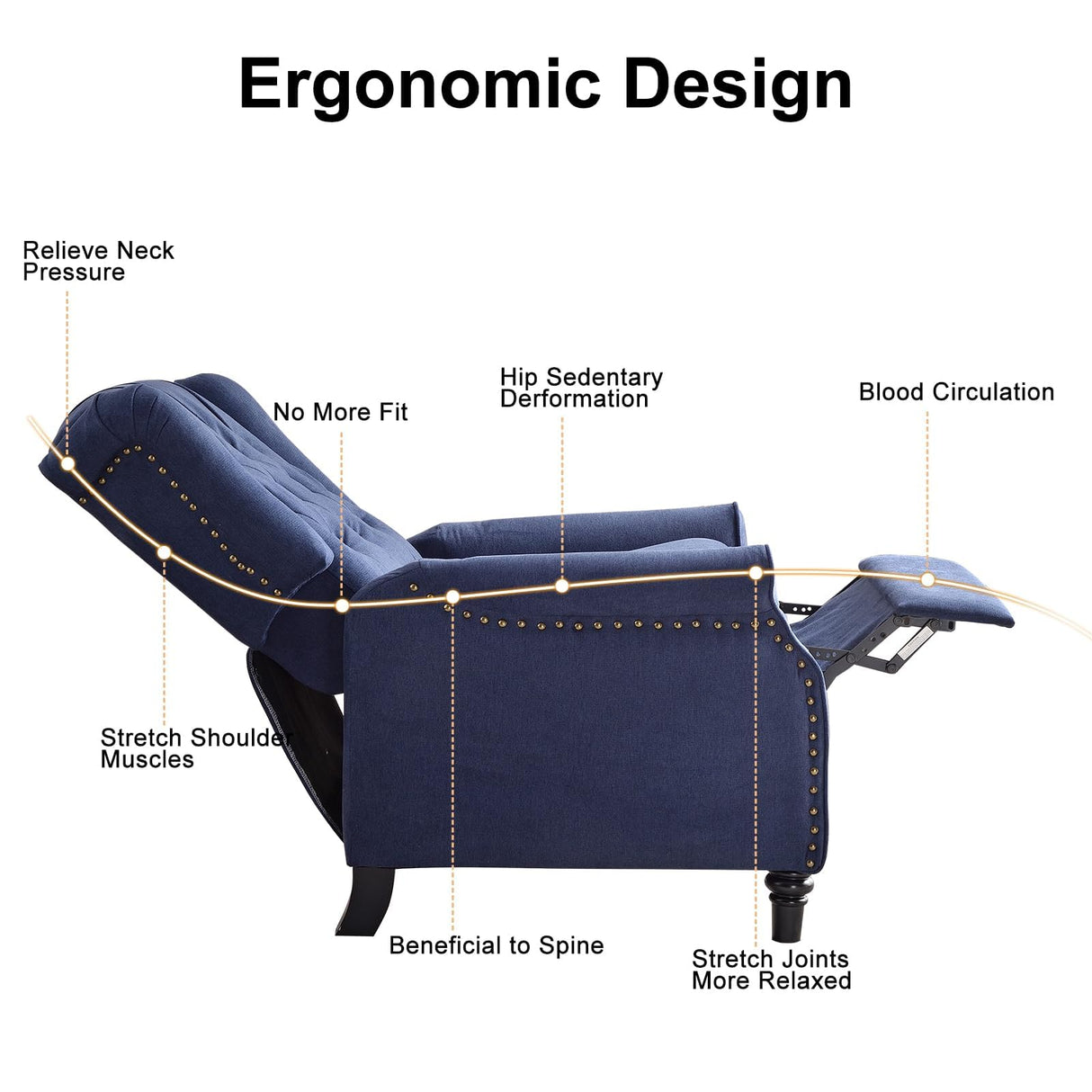 EBELLO Pushback Recliner Chair, Fabric Armchair Push Back Recliner with Rivet Decoration, Single Sofa Accent Chair for Living Room, Bedroom, Navy Blue EBELLO