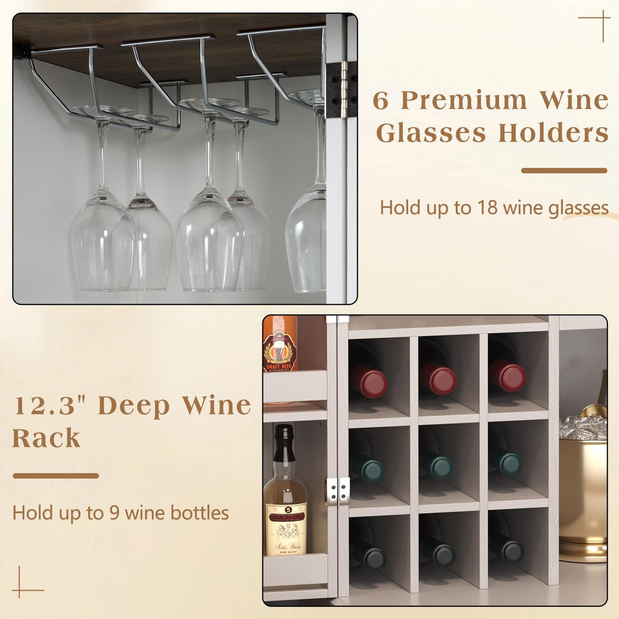 LUXOAK Farmhouse Expandable Wine Bar Cabinet, 61" Home Bar Unit with Foldable Tabletop & Barn Door, Coffee Bar Cabinet with Wine & Glass Holder, Liquor Cabinet/Mini Bar/Buffet Cabinet, White LUXOAK