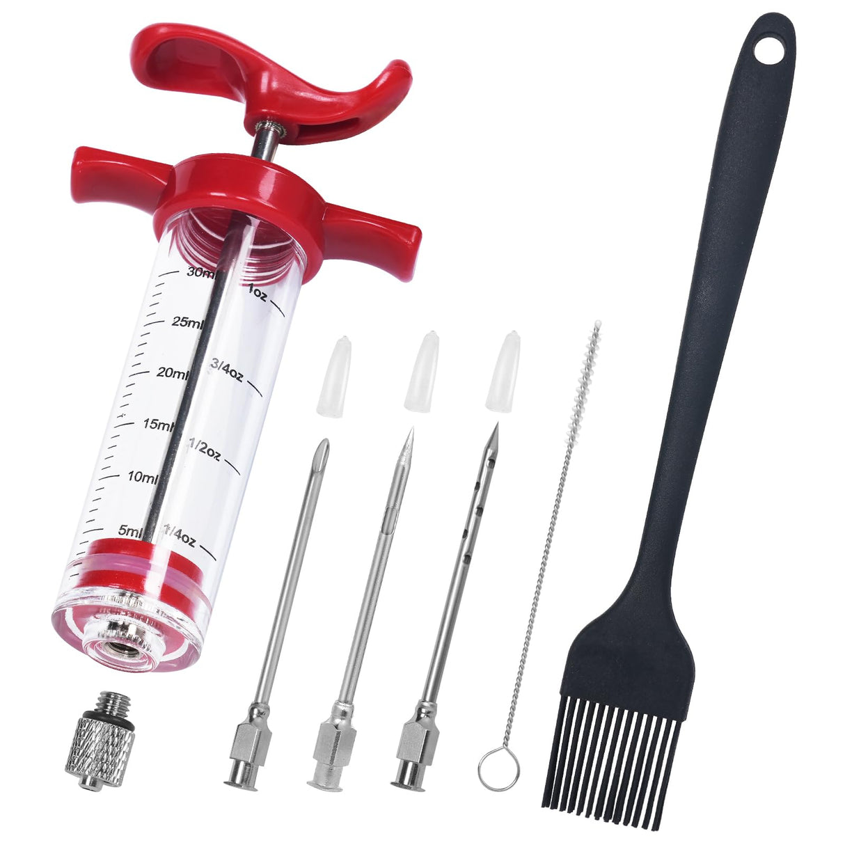 Turkey Injector Syringe - 3 Marinade Injector Needles, 1oz Meat Injector Syringe, Include 5- Hole Needle, Premium Portable Meat Injector Kit with Black Oil Brush & Cleaning Brush, Easy to Use & Clean Kingsmile
