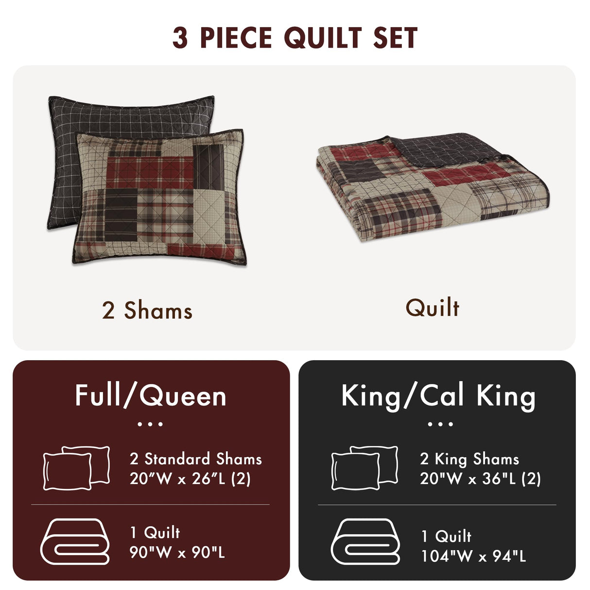 Madison Park King Quilt Set Patchwork Farmhouse, Diamond Quilting Reversible Coverlet Set for King Size Bed, Plush Cotton Filled Quilt Set King Size, Shams King/Cal King Red/Black 3 Piece Madison Park