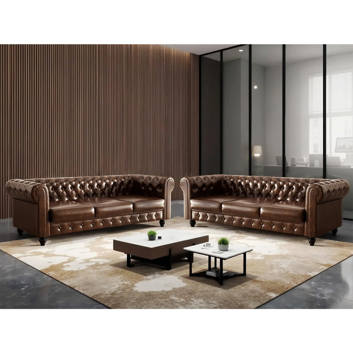 ReyTinn Modern Chesterfield Button-Tufted Couch, 88" Brown PU Leather 3 Seater Sofa, Home Luxury Upholstered Sofa Deep Seat Couch for Living Room Apartment Home Office ReyTinn