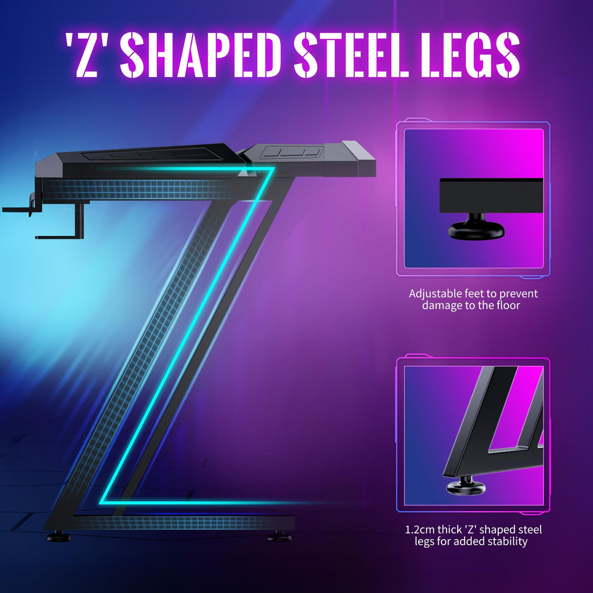 Gamtimer Gaming Desk with LED Lights,63 inch Carbon Fiber Surface RGB Gaming Computer Table, 384 Color Mode with Remote Control, Cup Holder and Headphone Hook - Black Gamtimer