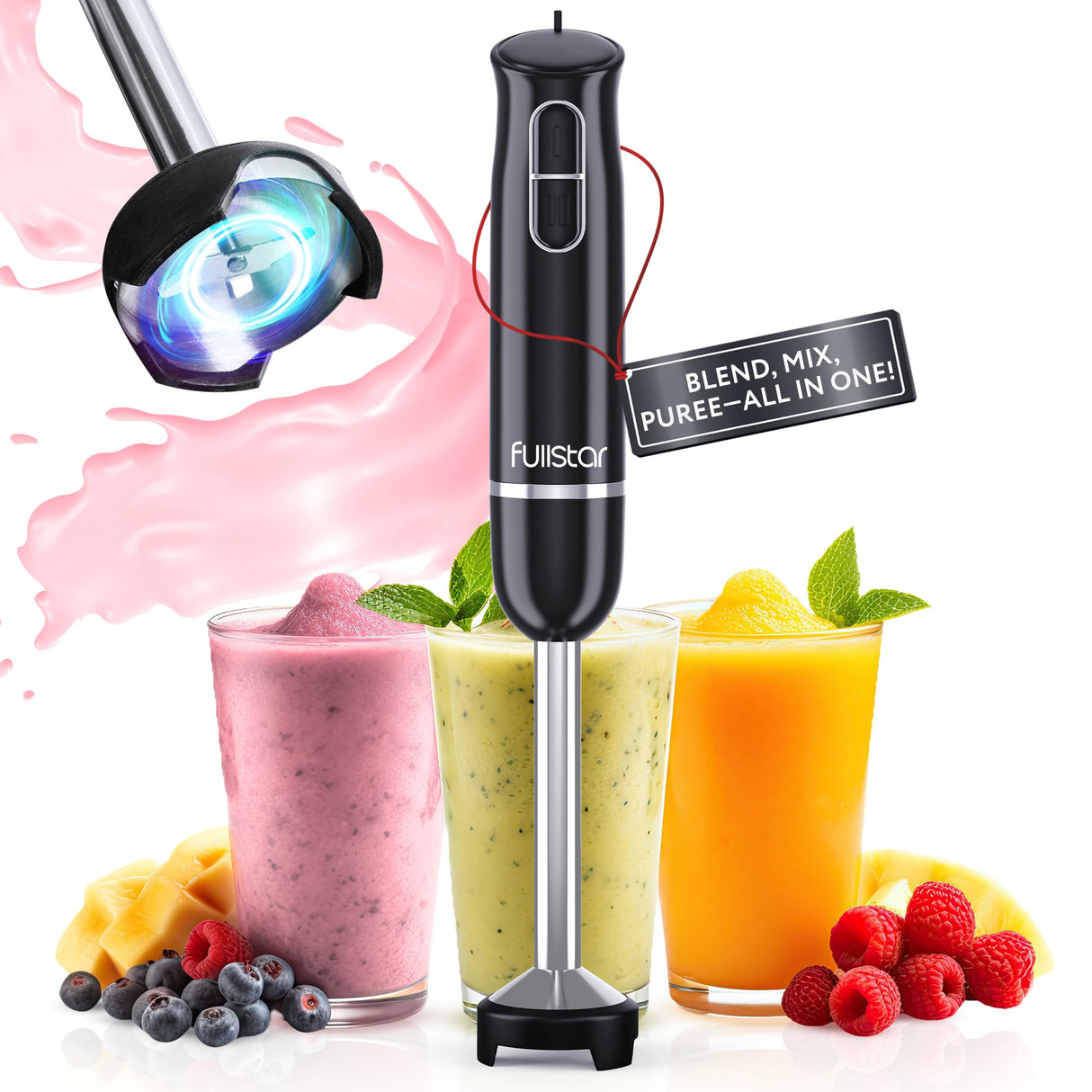 Fullstar Immersion Blender Handheld - 300W Hand Blender Stick with Pan Protector, 2-Speed Emulsion Hand Blenders Immersion, Hand Mixer Electric Handheld, Stick Blender, Hand Blenders for Kitchen fullstar