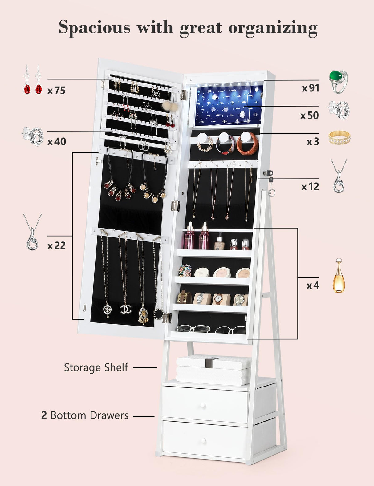 Nicetree Jewelry Cabinet Armoire with 2 Drawers, Lockable Standing Jewelry Mirror Cabinet, Full Length Mirror with Jewelry Storage, White Nicetree