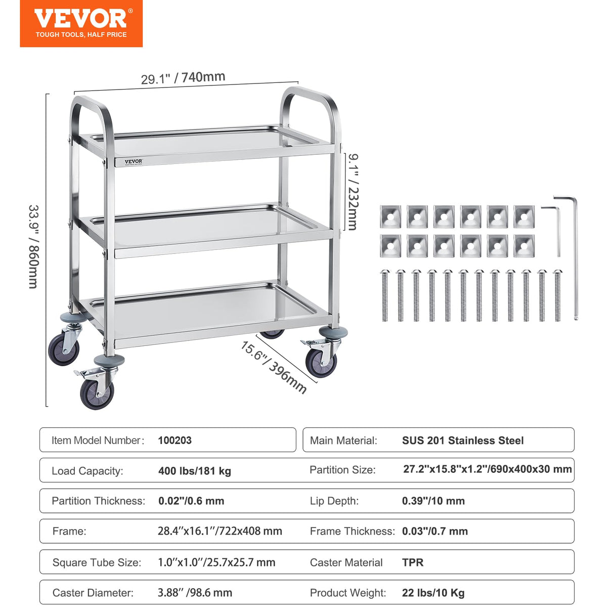 VEVOR Stainless Steel Cart, 3 Layers Lab Utility Cart 400 lbs Weight Capacity, Medical Cart with Lockable Universal Wheels, for Lab, Clinic, Kitchen, Salon VEVOR