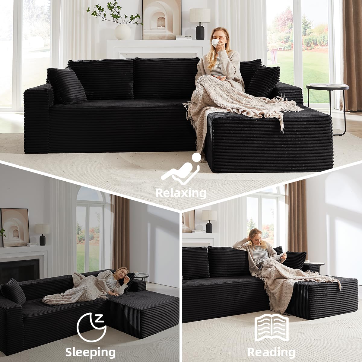 104 Inch Cloud Sectional Couch with L-Shape Chaise,Modern Upholstered Couches with Deep Seat,Corduroy Sponge Compressed Sofa for Living Room, Bedroom,No Assembly Required(Black) ZKJOLMN