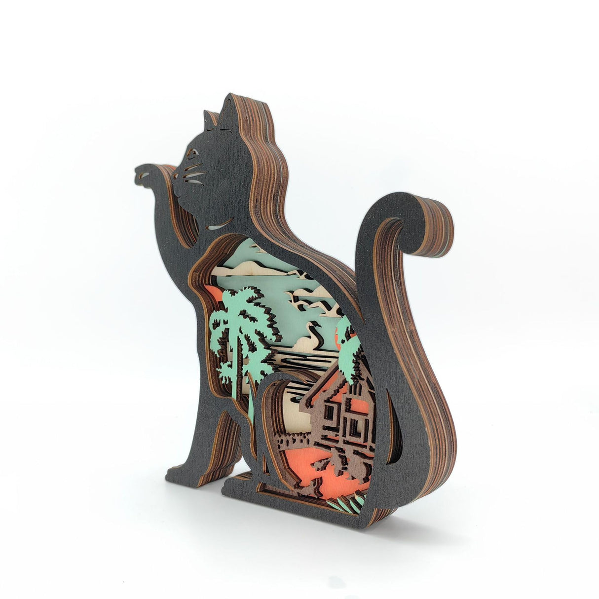 Drawelry 3D Wooden Carving Animals Lamp - Creative Fox Squirrel Wood Carved LED Night Light Garden Yard Wooden Animals Sculpture Ornaments Desktop Home Decor Birthday Gifts for Family Friend (Cat) Drawelry