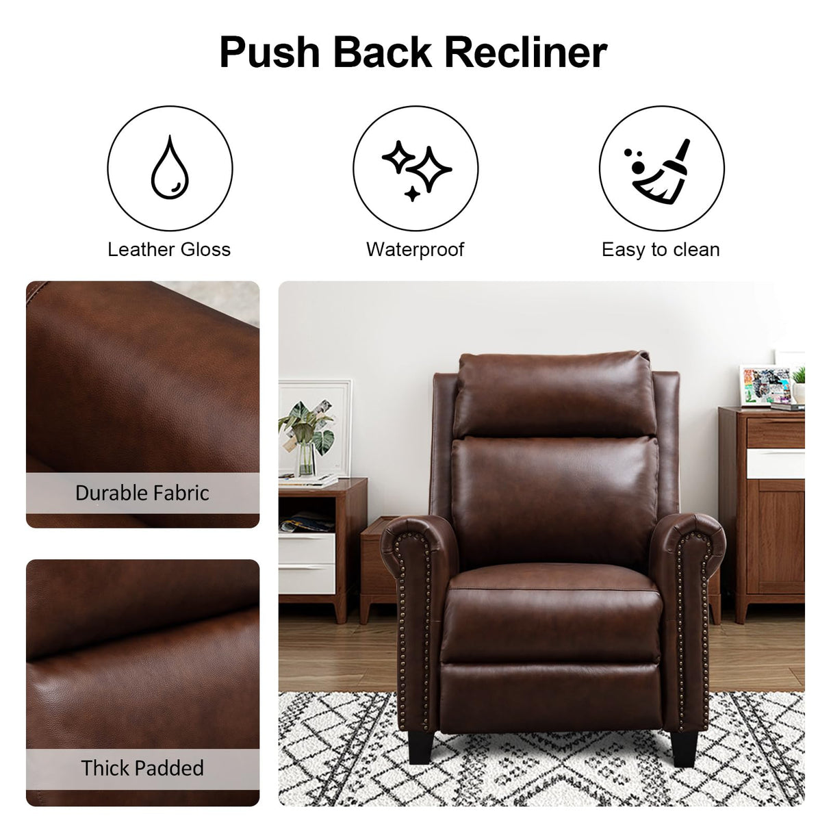 CANMOV Leather Recliner Chair Set of 2, Classic and Traditional Push Back Recliner Chair with Comfortable Arms and Back for Living Room Bedroom Adjustable Single Sofa, Brown CANMOV