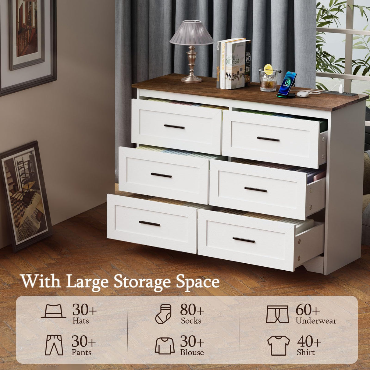 GEPELCN Farmhouse Dresser for Bedroom 6 Drawers Dresser with Power Outlets Rustic Chest of Drawers with Natural Texture White Organizer for Living Room Hallway GEPELCN